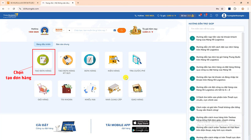 Chọn mục "Tạo dơn hàng" trong hệ thống