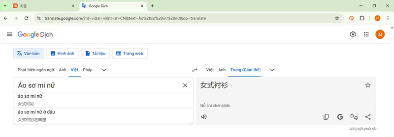 Dịch từ khóa sản phẩm từ tiếng Việt sang tiếng Trung trên Google dịch