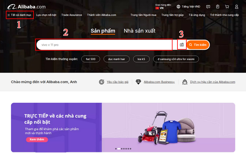 Tìm kiếm sản phẩm trên Alibaba