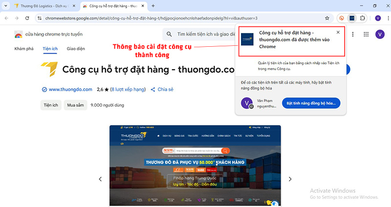 Thông báo đã cài đặt công cụ mua hàng thành công