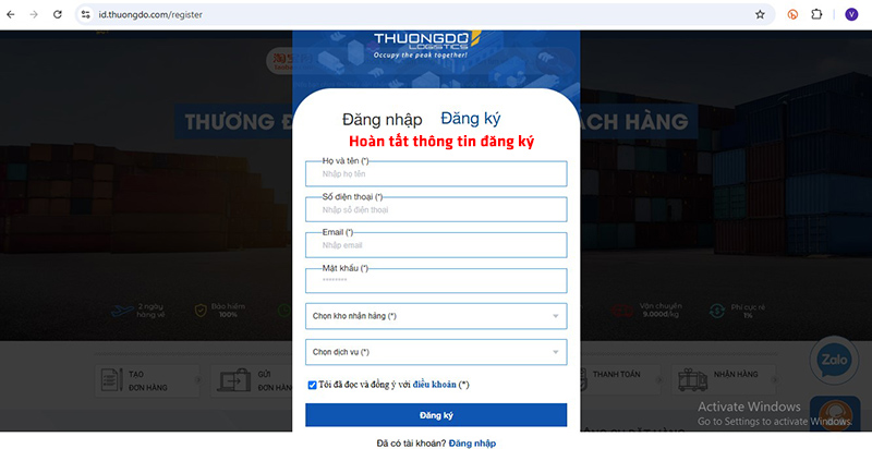Điền đầy đủ thông tin đăng ký tài khoản