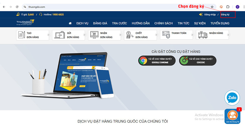Chọn đăng ký để thực hiện đăng ký tài khoản trên Thương Đô Logistics