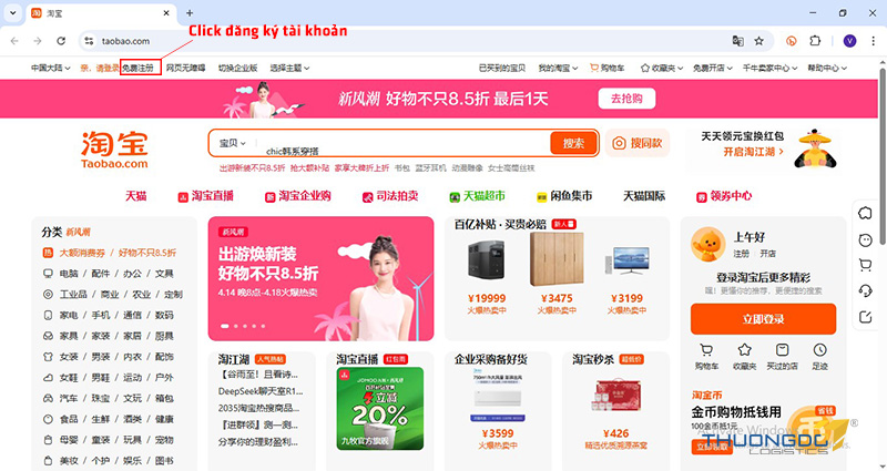 Chọn đăng ký tài khoản trên Taobao