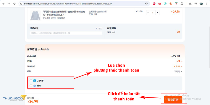 Chọn phương thức thanh toán phù hợp, click để chuyển sang trang thanh toán