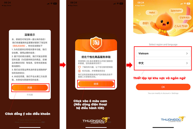 Đồng ý các điều khoản, chọn khu vực, ngôn ngữ phù hợp trên App Taobao