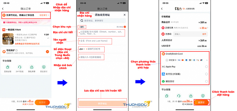 Nhập thông tin nhận hàng, chọn phương thức thanh toán, thực hiện thanh toán và đặt hàng