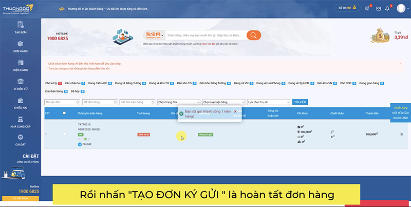 Tạo đơn ký gửi, đơn hàng của bạn đã được hoàn tất